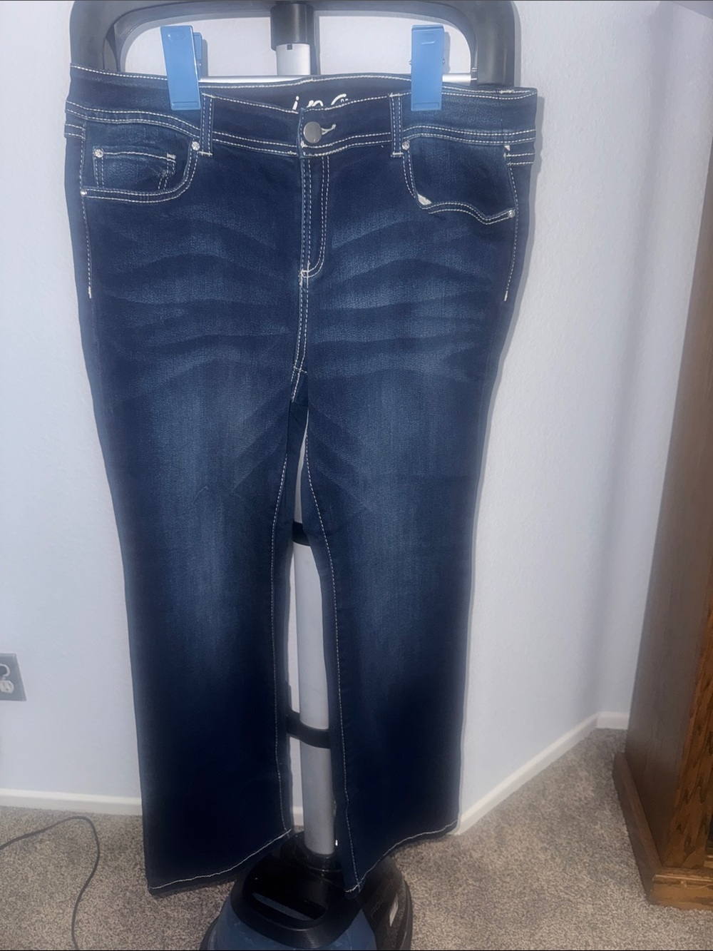 INC International Concepts Dark Indigo Boot Cut Jeans with White Stitching
